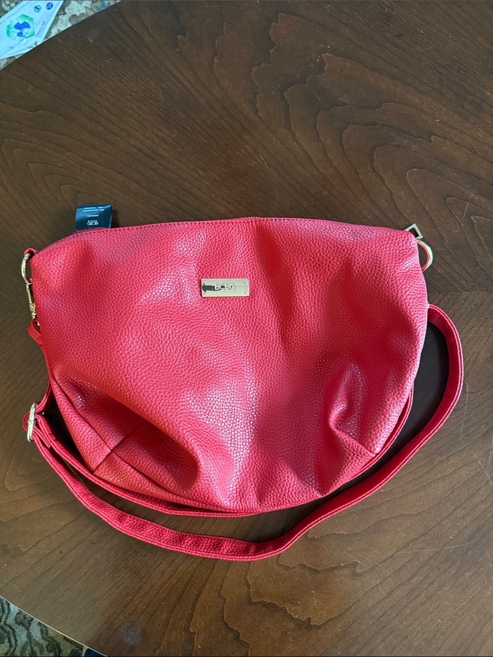 BCBG Paris  Red Pebbled Vegan leather Shoulder Hobo with Gold Logo